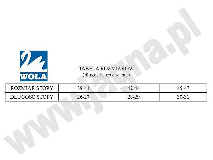 Tabela rozmiarów producenta Wola Tabela rozmiarów producenta Wola