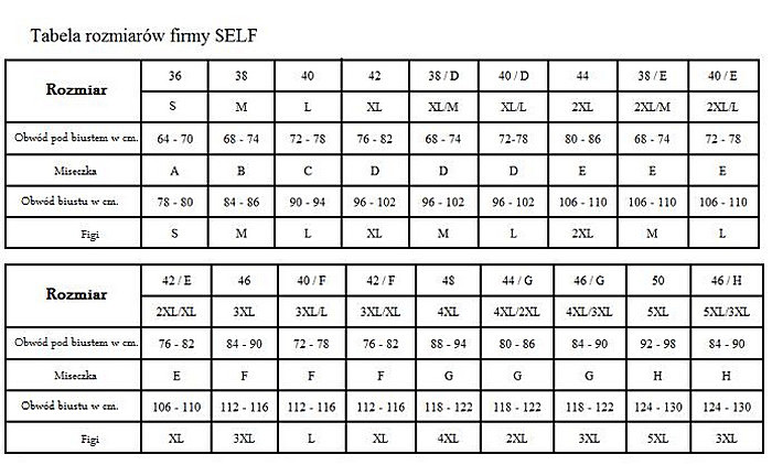 Manufacturer's Size Chart Self